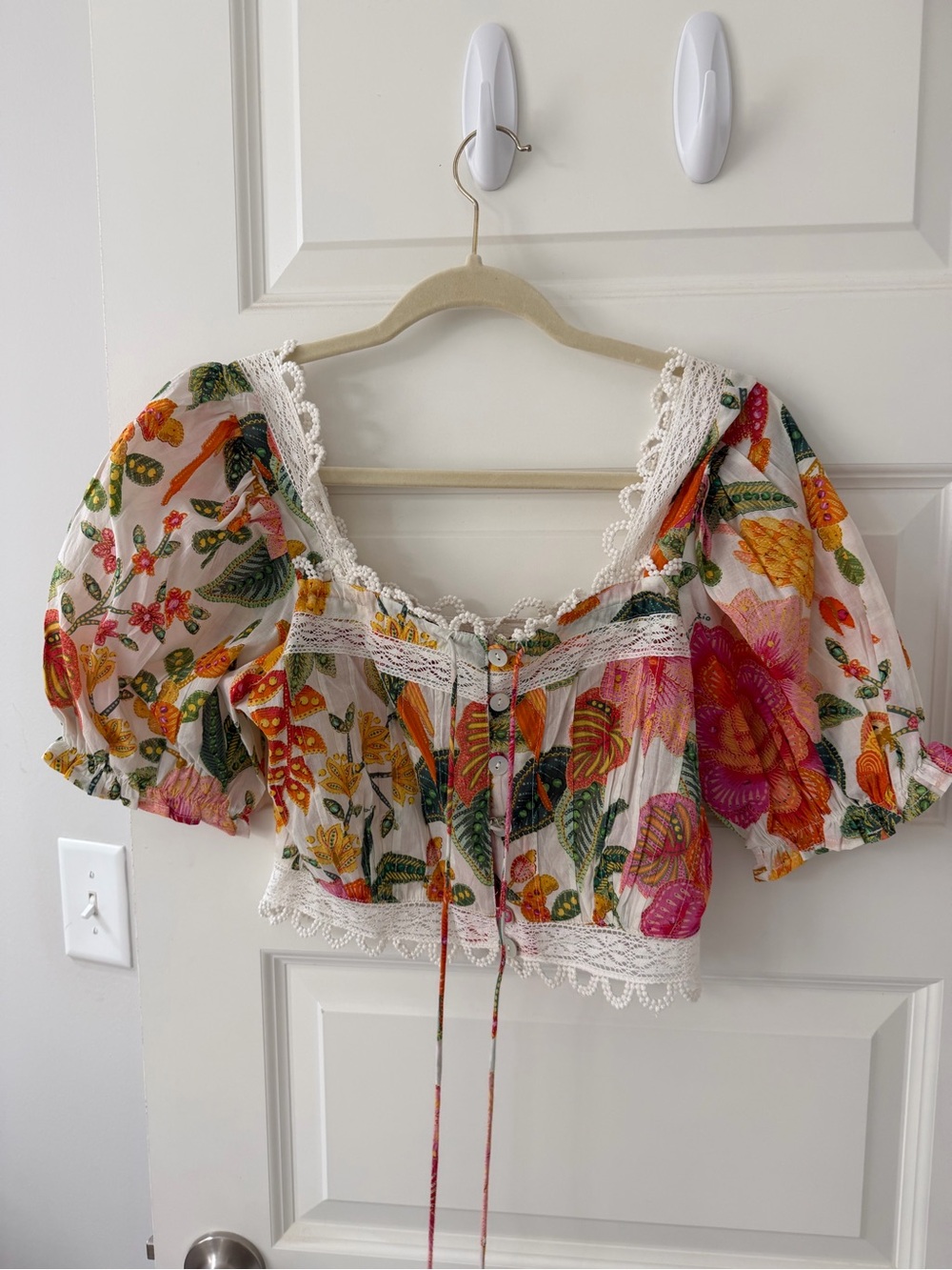FARM Rio Floral Crochet-Trim Puff Sleeve Crop Top in Pink, Orange, Yellow, Green